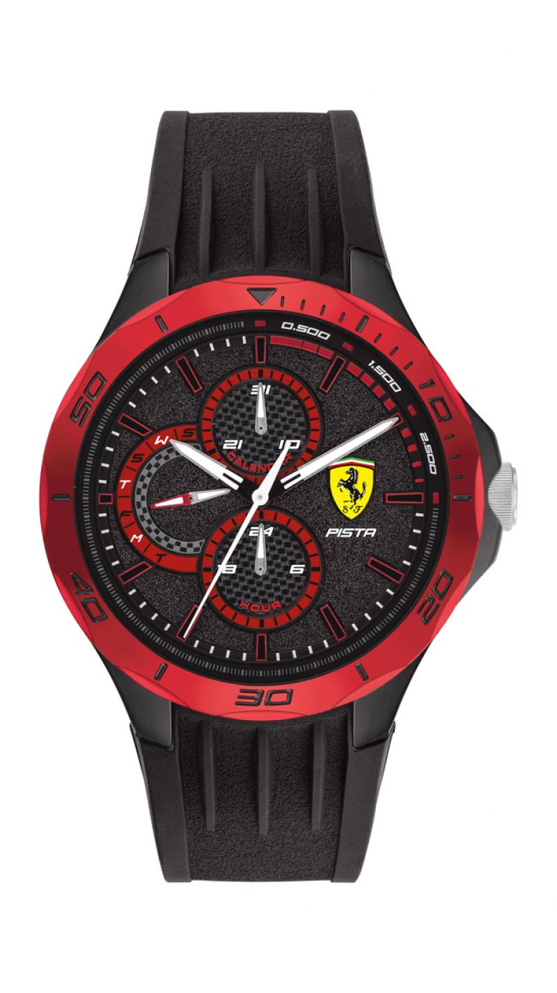 MULTIFUNCTIONAL BLACK PISTA WATCH WITH RED BEZEL